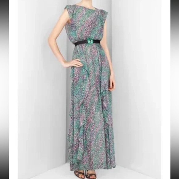 BCBG MAX AZRIA Dresses & Skirts - BCBGMAXAZRIA Ruffle Belted Silk Chiffon Maxi Dress Gown Small EUC